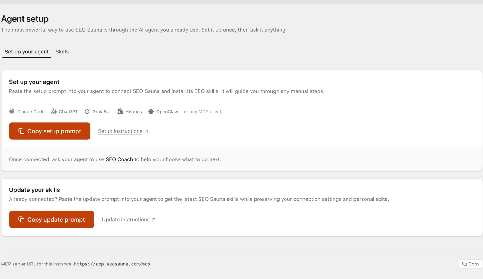SEO Sauna Agent setup: copy the setup prompt for Claude Code, ChatGPT or any MCP client, with the MCP server URL https://app.seosauna.com/mcp