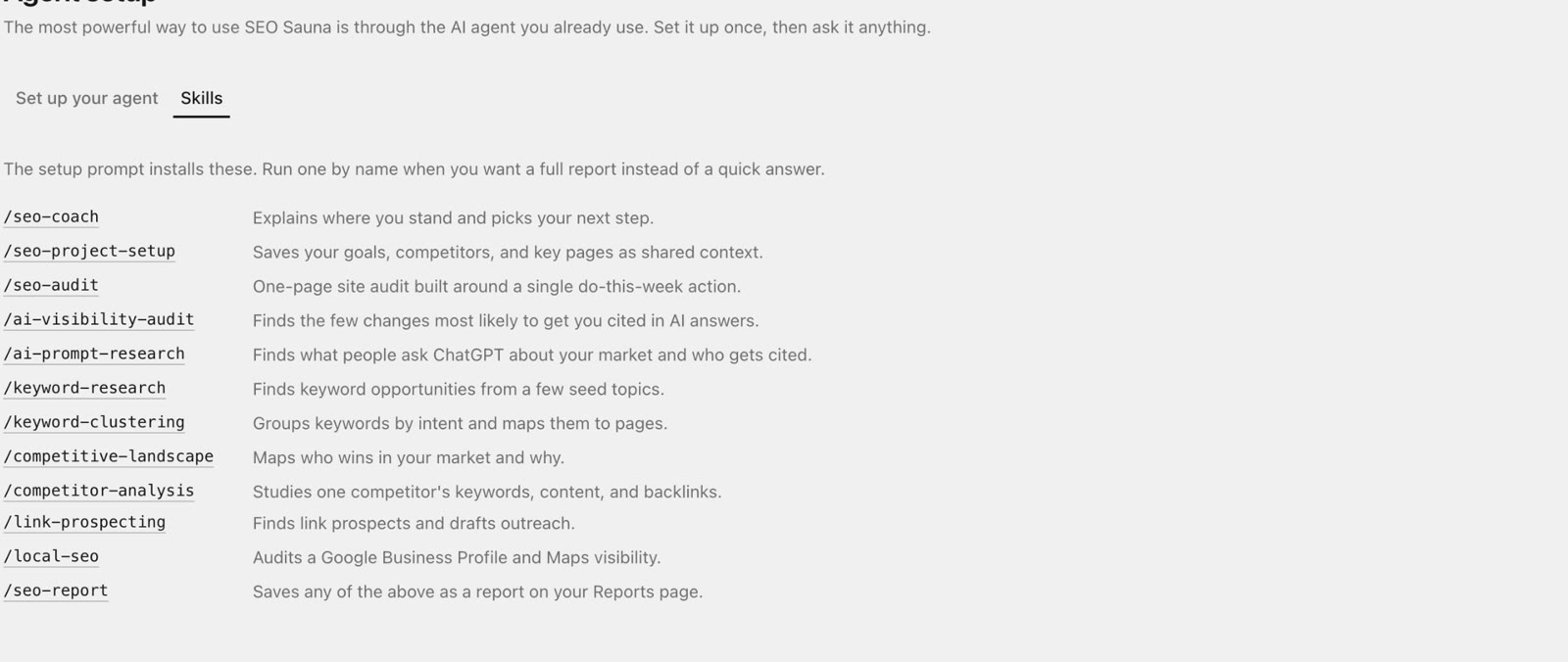 SEO Sauna Agent setup, Skills list: /seo-coach, /seo-audit, /ai-visibility-audit, /ai-prompt-research and other skills, each with a short description.