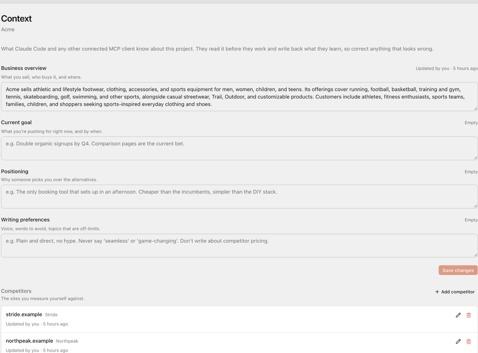 SEO Sauna Context page: business overview, current goal, positioning, writing preferences and competitors that the AI assistant reads first