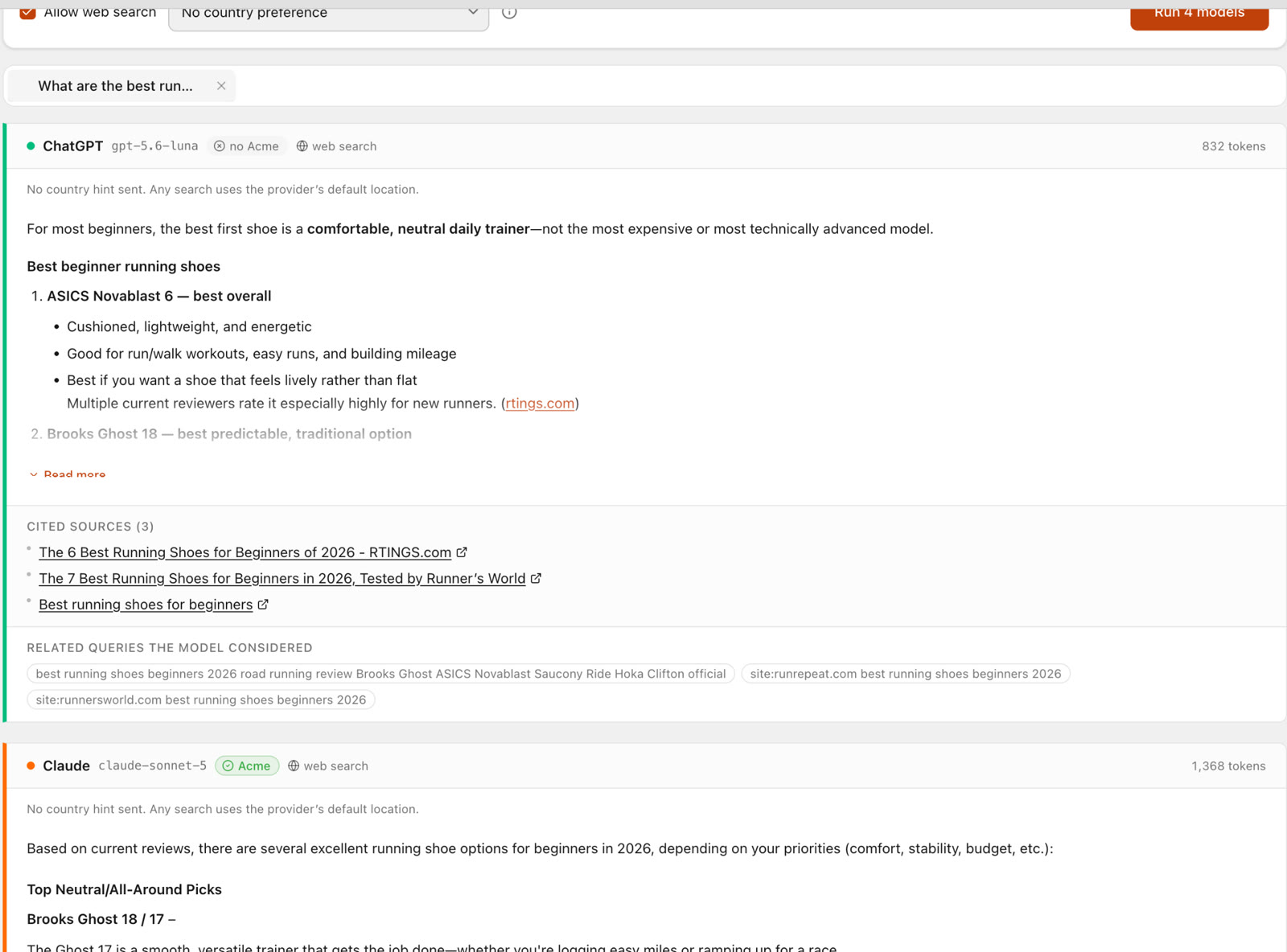 SEO Sauna Prompt Explorer: the question "What are the best running shoes for beginners?" answered by ChatGPT without mentioning Acme and by Claude mentioning Acme, with cited sources.