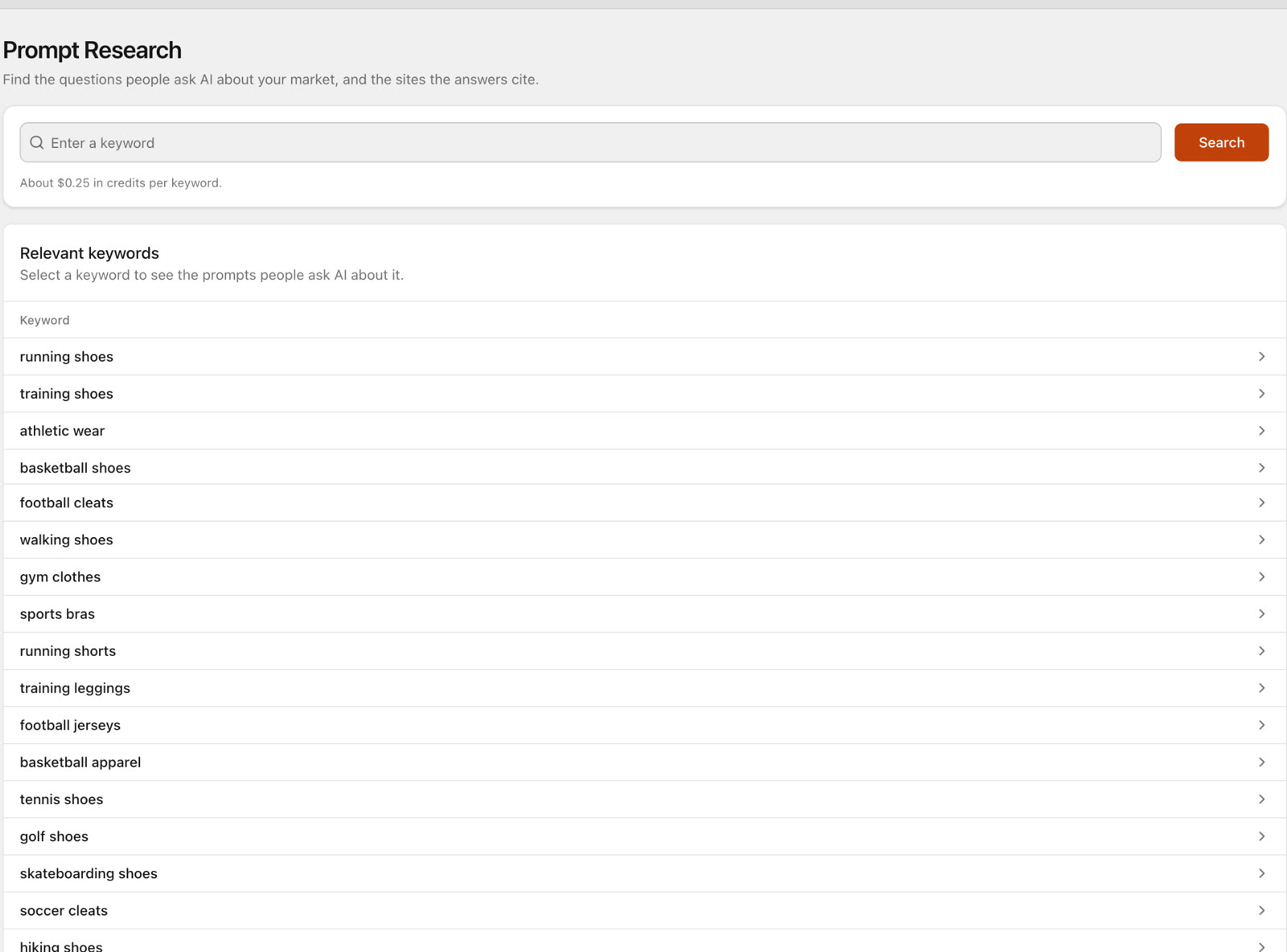 SEO Sauna Prompt Research: a keyword input at about 0.25 € per keyword and a list of relevant keywords to research the questions people ask AI.