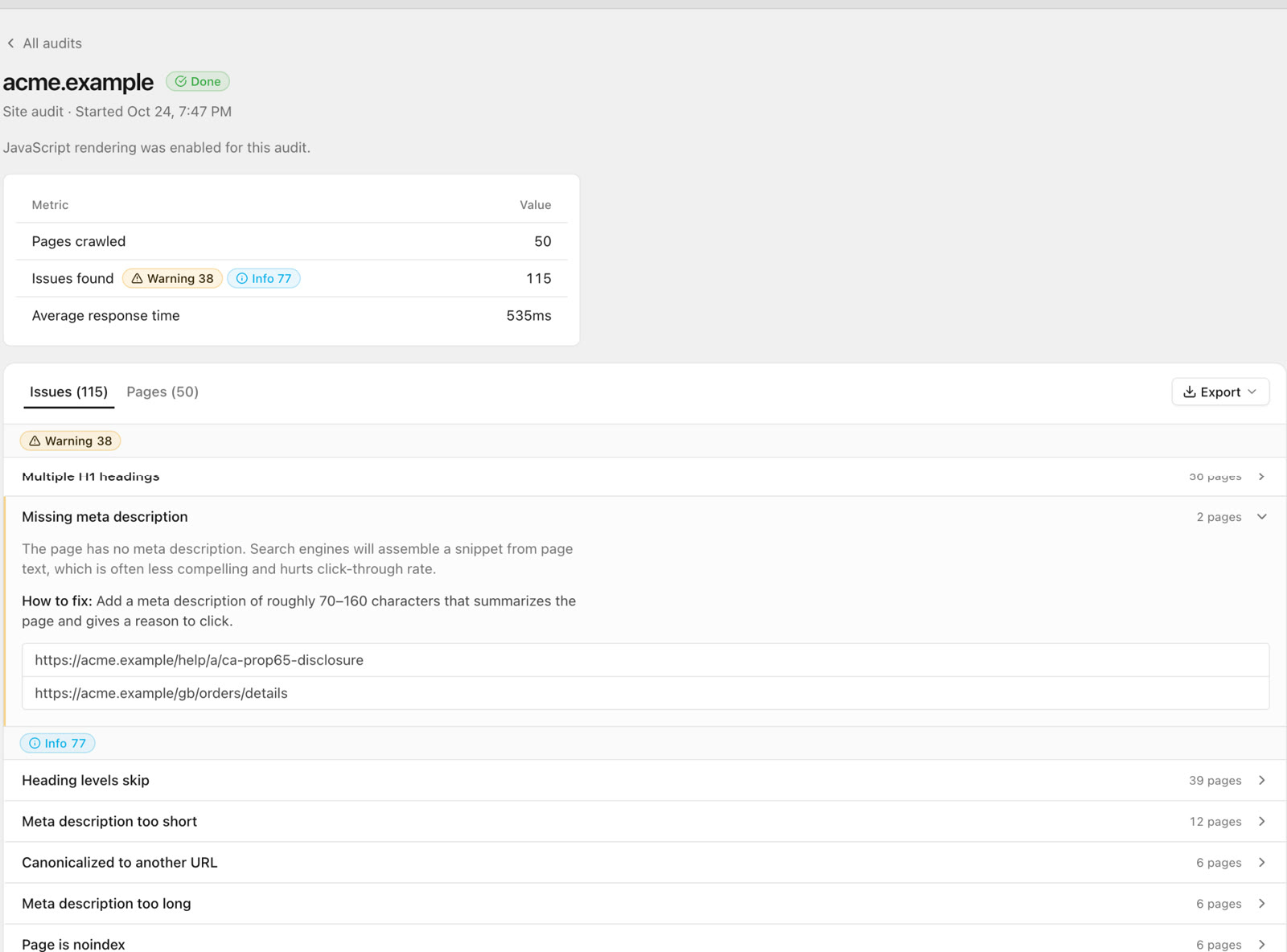 The Missing meta description issue opened in SEO Sauna's audit of acme.example, with why it matters, how to fix it and the two affected URLs