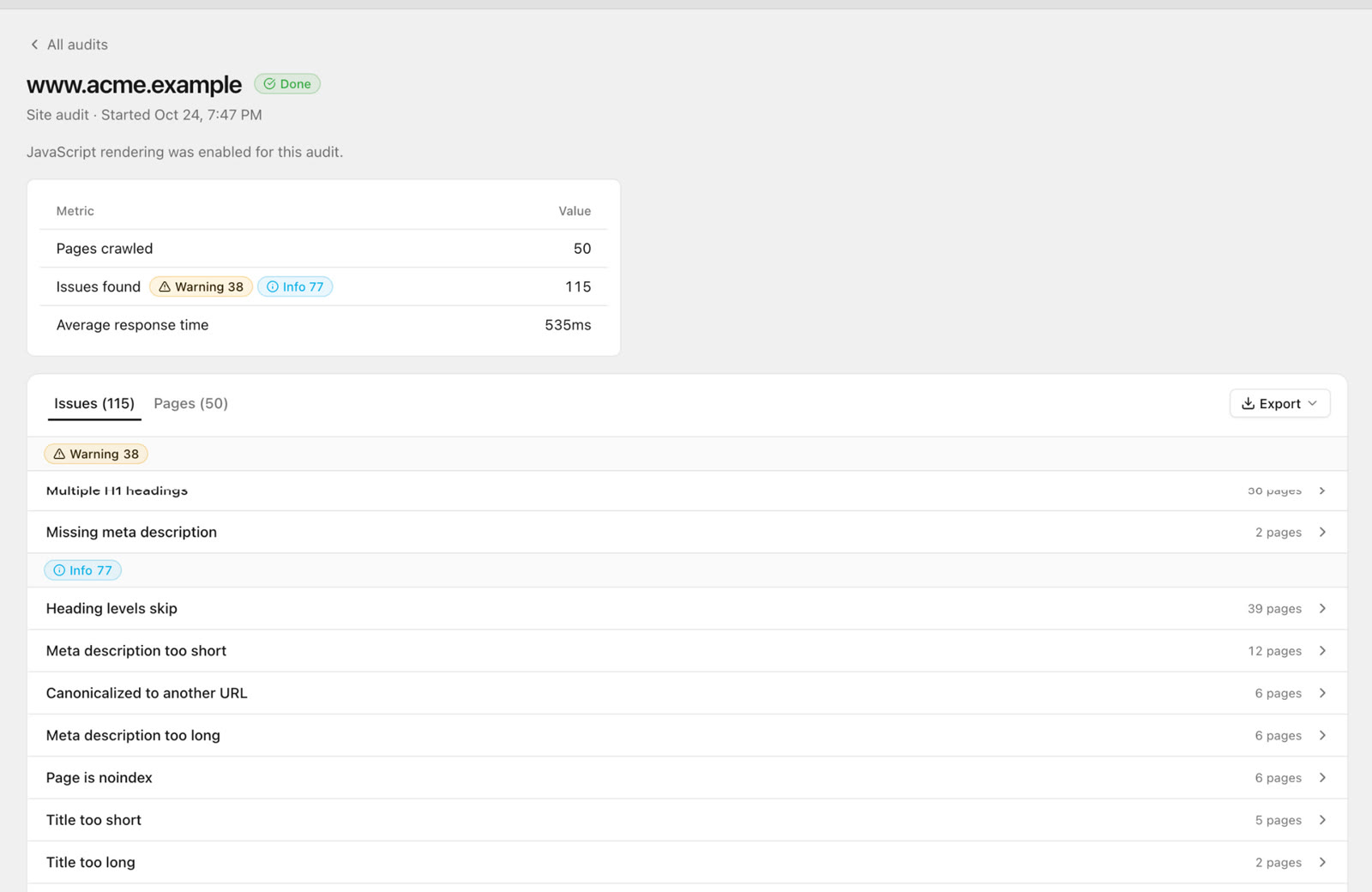 SEO Sauna Site Audit of acme.example: 50 pages crawled, 115 issues found, 38 warnings and 77 info, average response time 535 ms