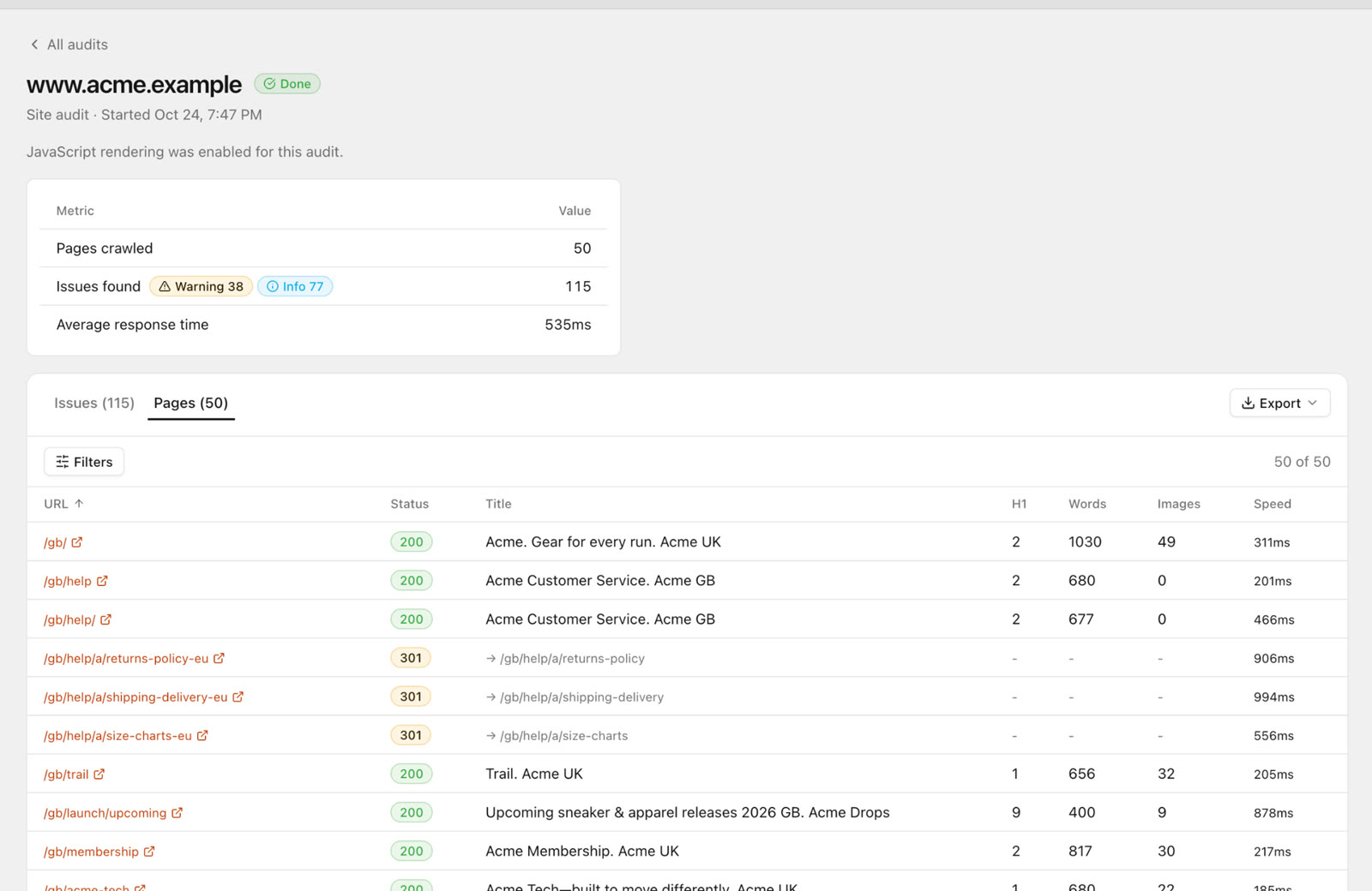 SEO Sauna crawled pages table for acme.example, with status codes, titles, H1 count, word count, image count and response time per URL
